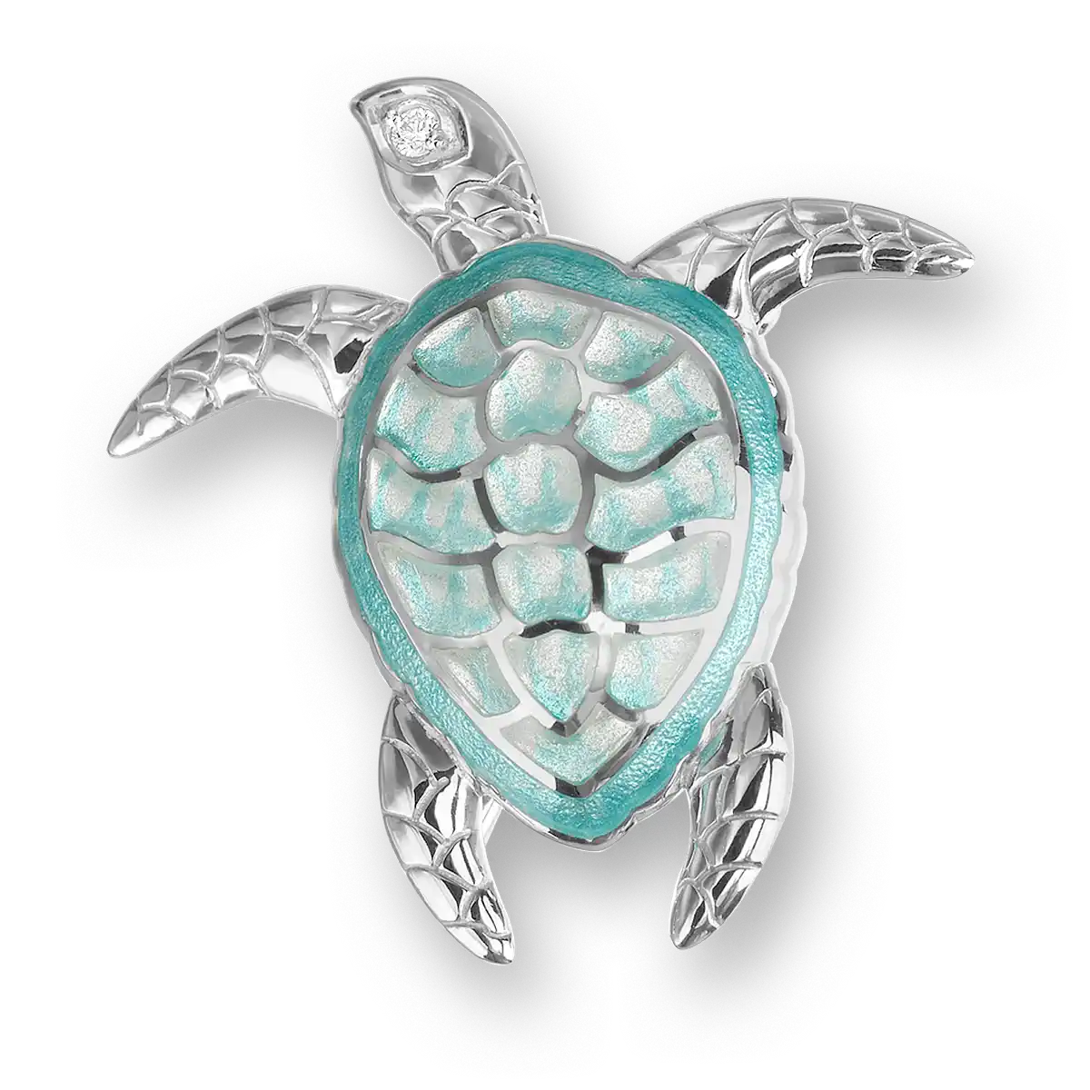 Green Plique-a-Jour Turtle Brooch-Pendant. Sterling Silver-White Sapphires 