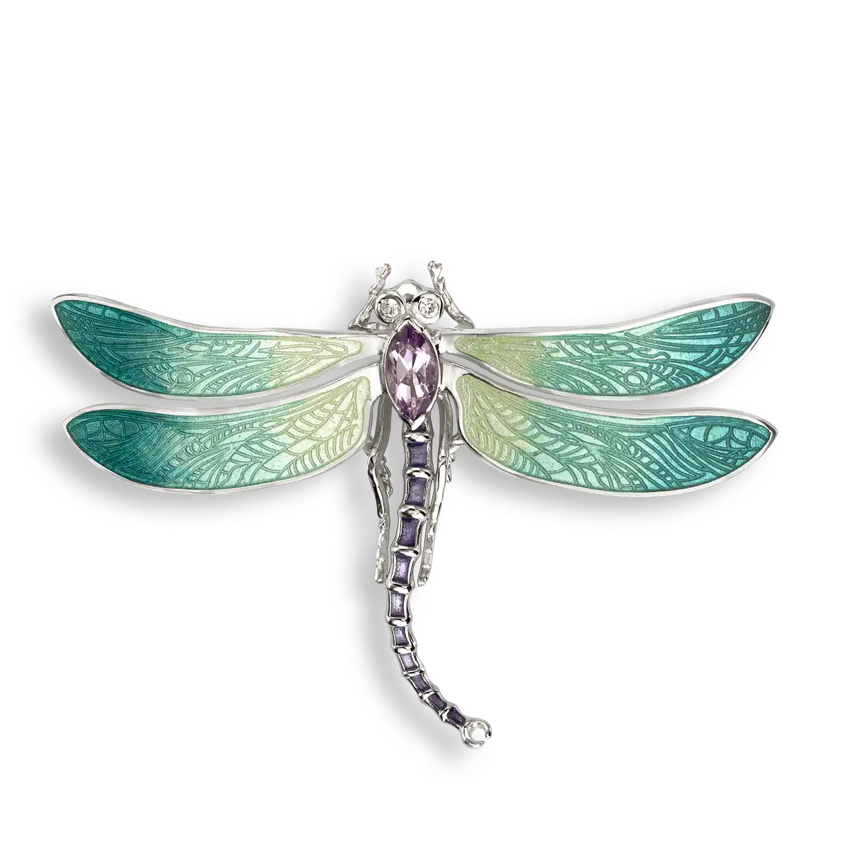 Green Dragonfly Brooch-Pendant. Sterling Silver-White Sapphires and Amethyst