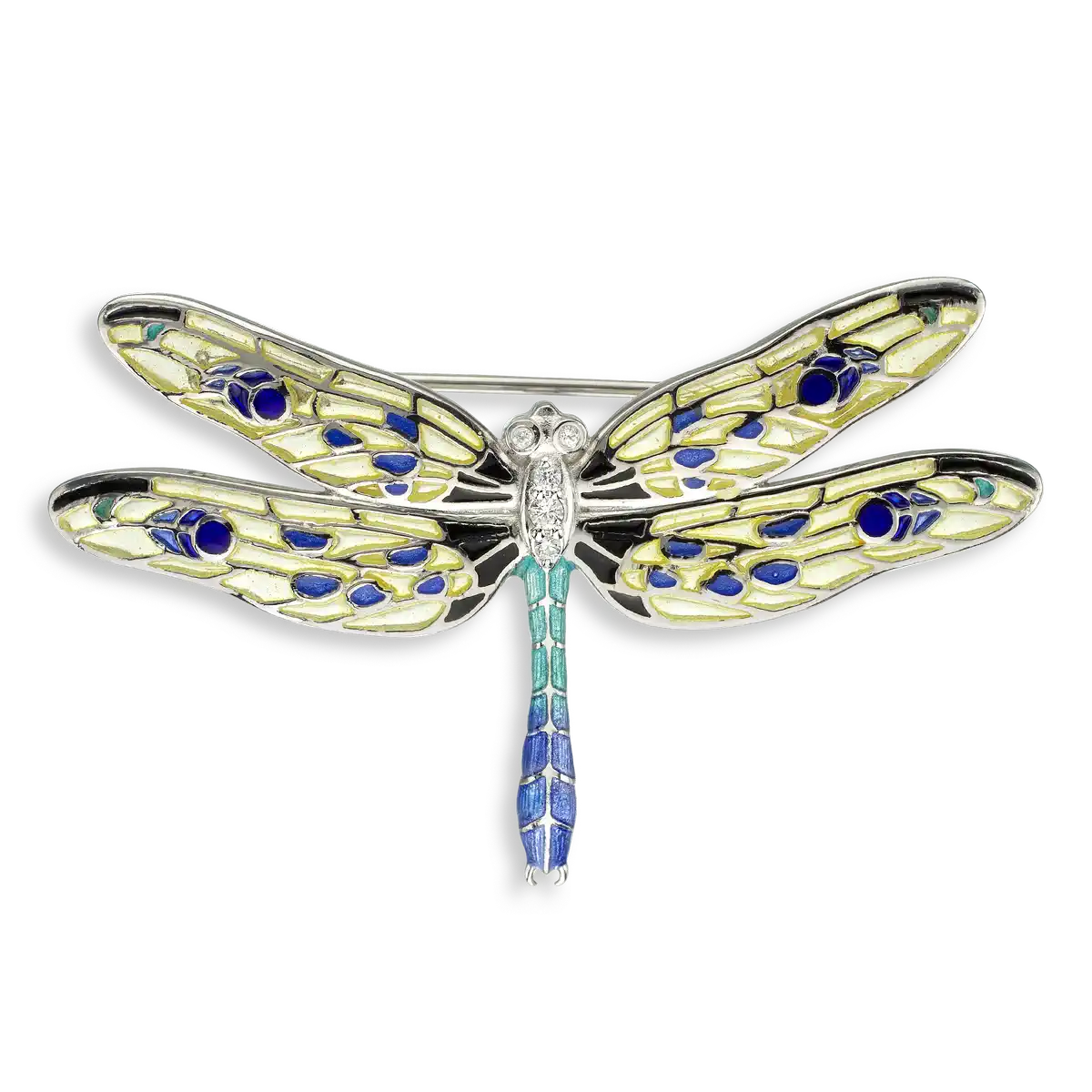 Yellow Plique-a-Jour Dragonfly Brooch-Pendant. Sterling Silver-White Sapphires 