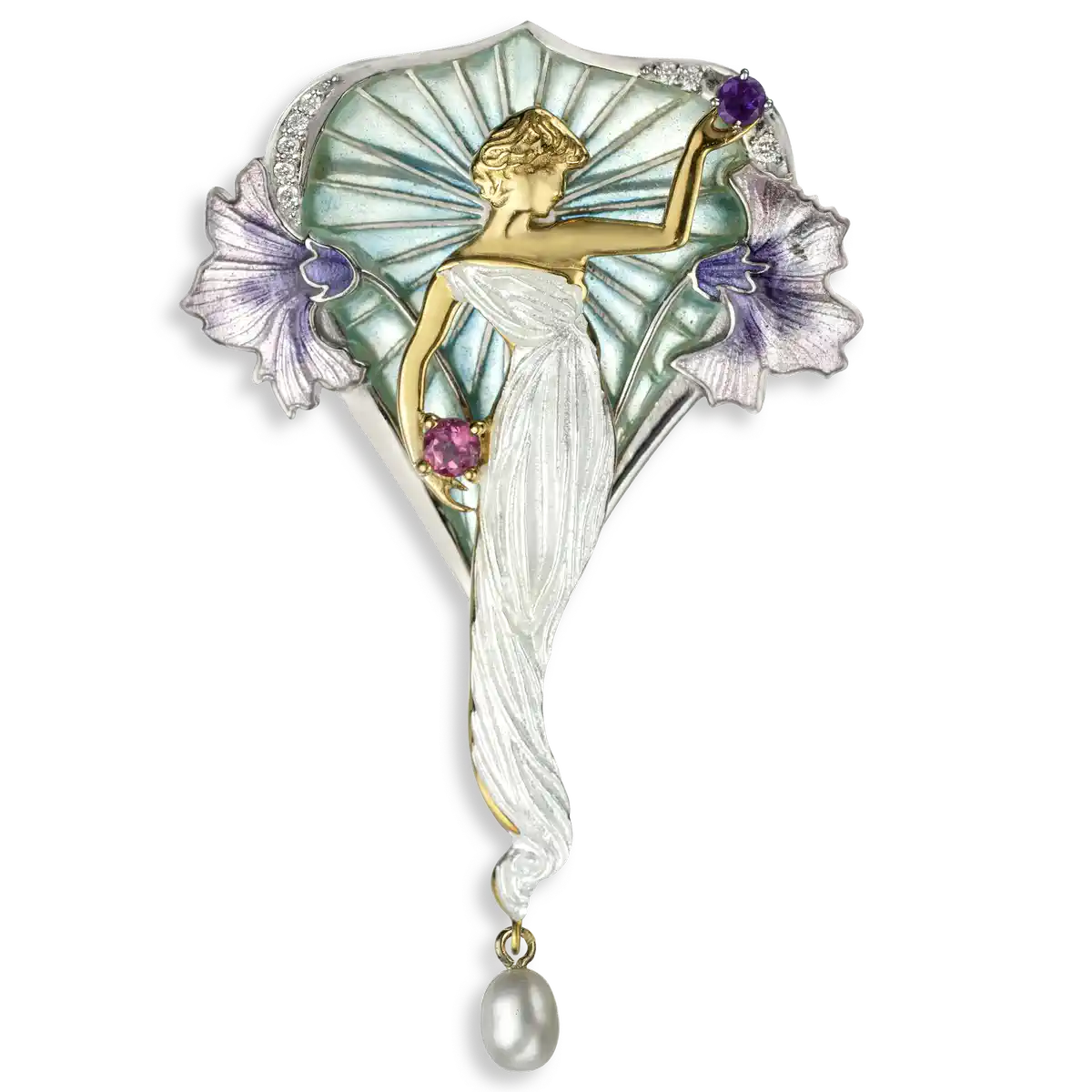 Silver.White Fairy Brooch.Blue Plique-a-Jour and Purple Flowers.Diamond-Pink-Tourmaline-Amethyst-Pearl.