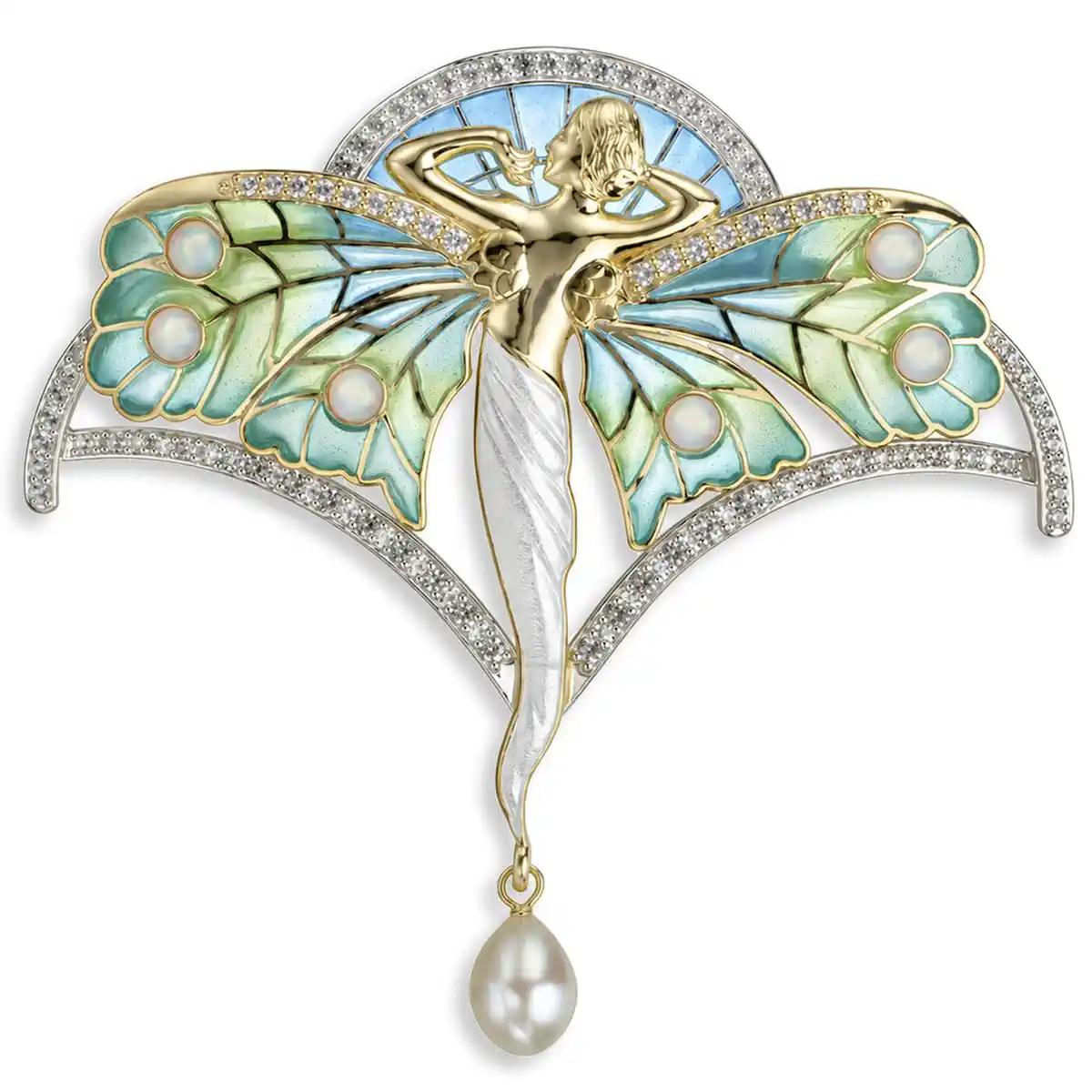 Art Nouveau Blue Fairy Brooch. White Sapphires-Opals-Pearl. Sterling Silver