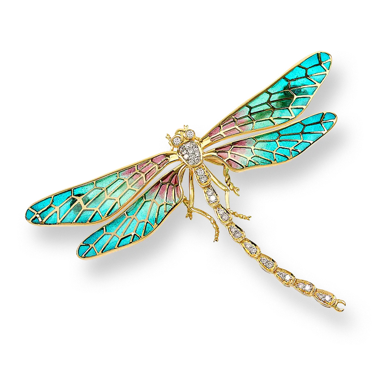 Turquoise Plique-a-Jour Dragonfly Brooch. 18K  