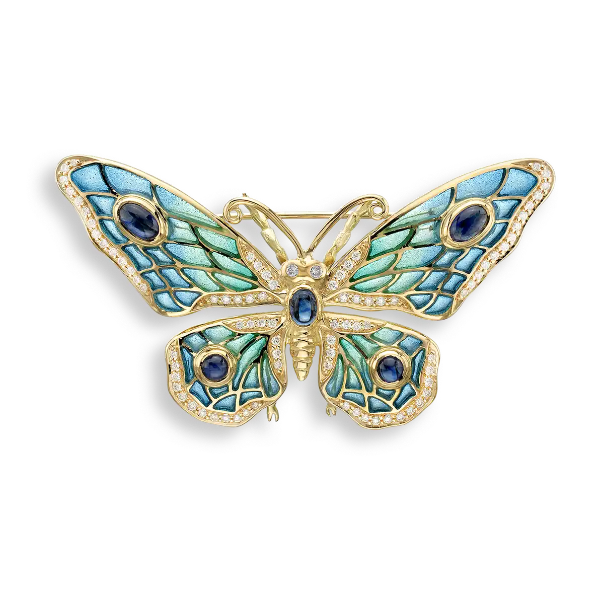 Blue Plique-a-Jour Butterfly Brooch. 18K -Diamonds and Blue Sapphires  