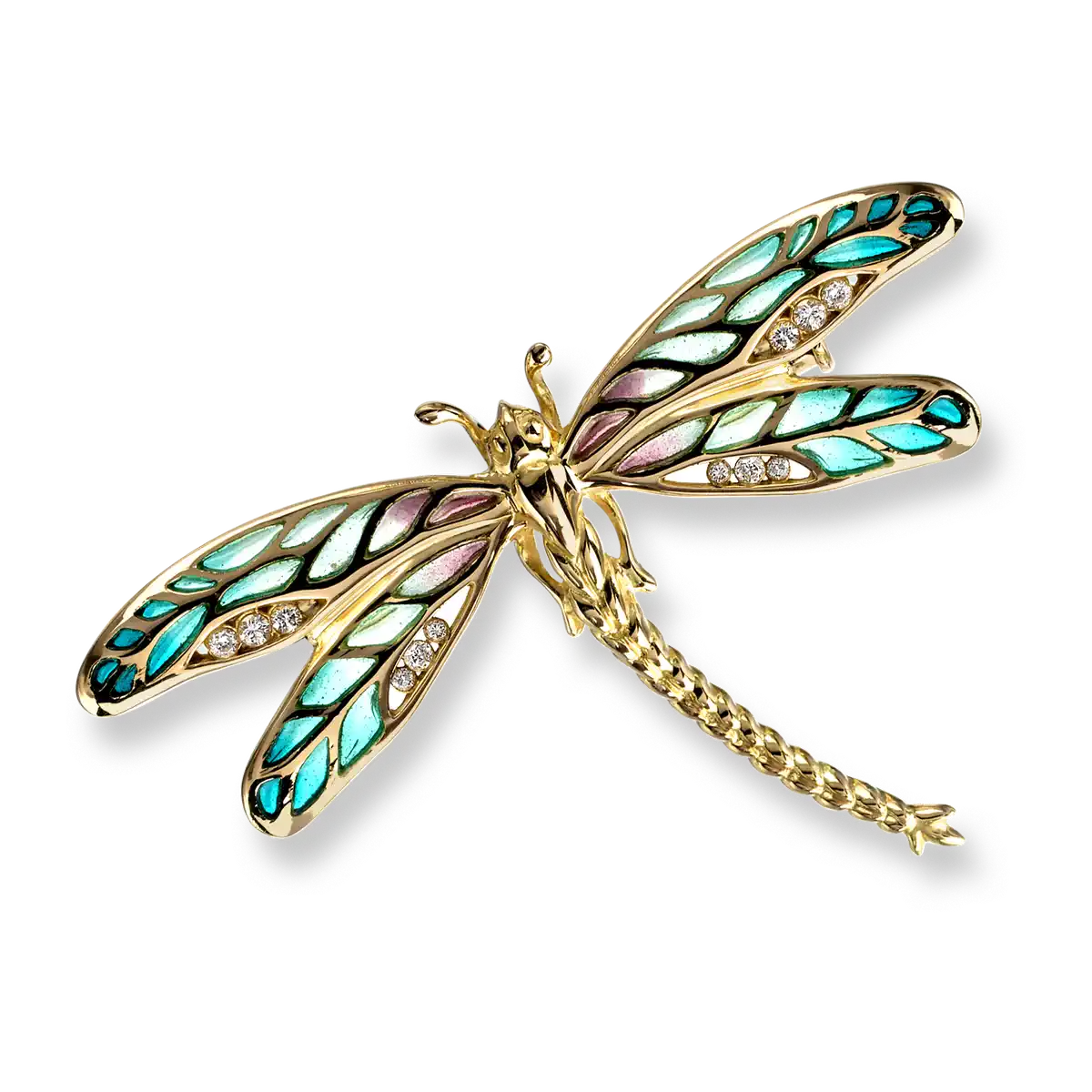 Green Plique-a-Jour Dragonfly Brooch. 18K -Diamonds 