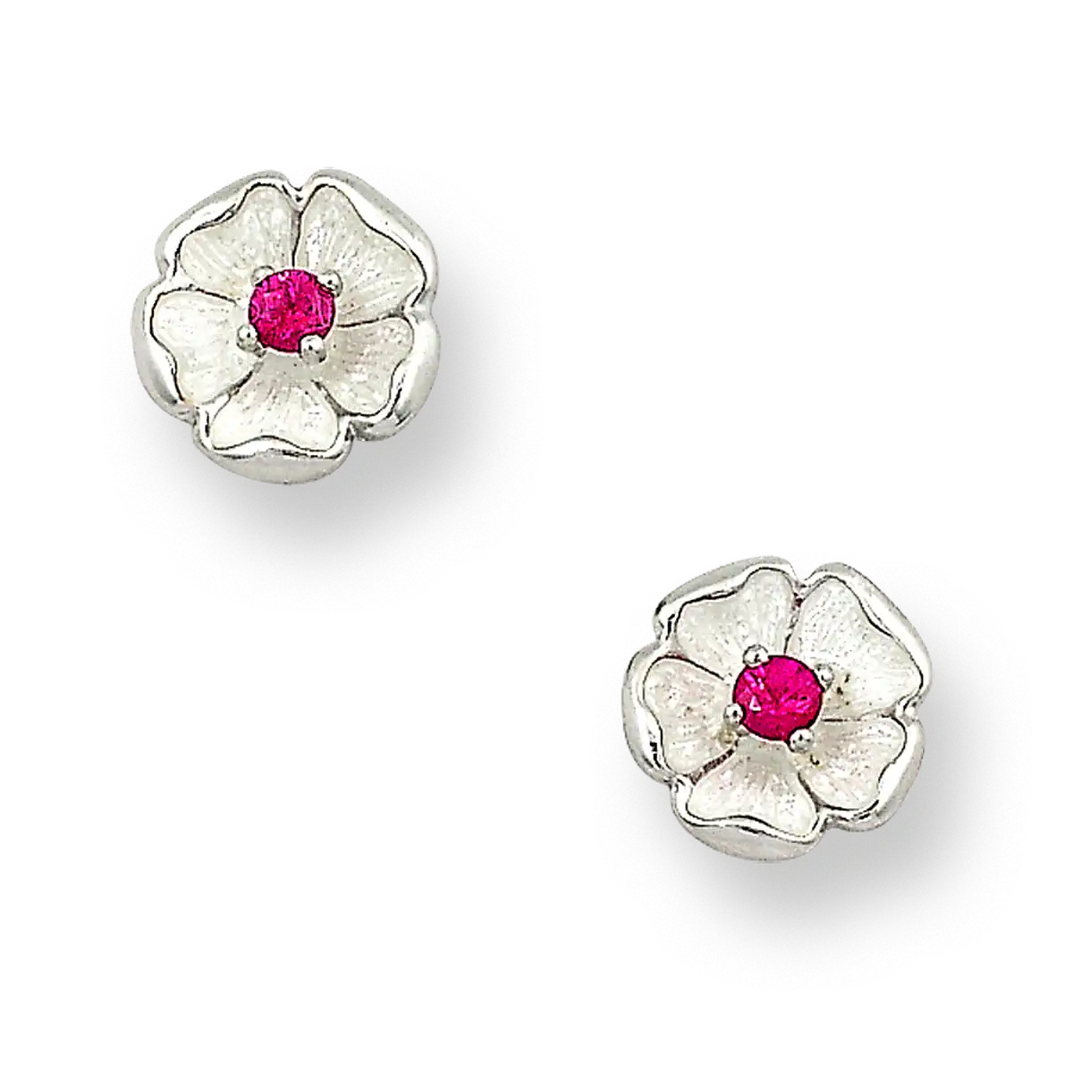 White Rose Post Earrings. Sterling Silver-Ruby