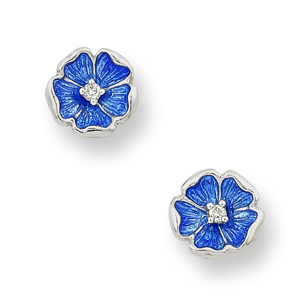 Blue Rose Post Earrings. Sterling Silver-White Sapphires