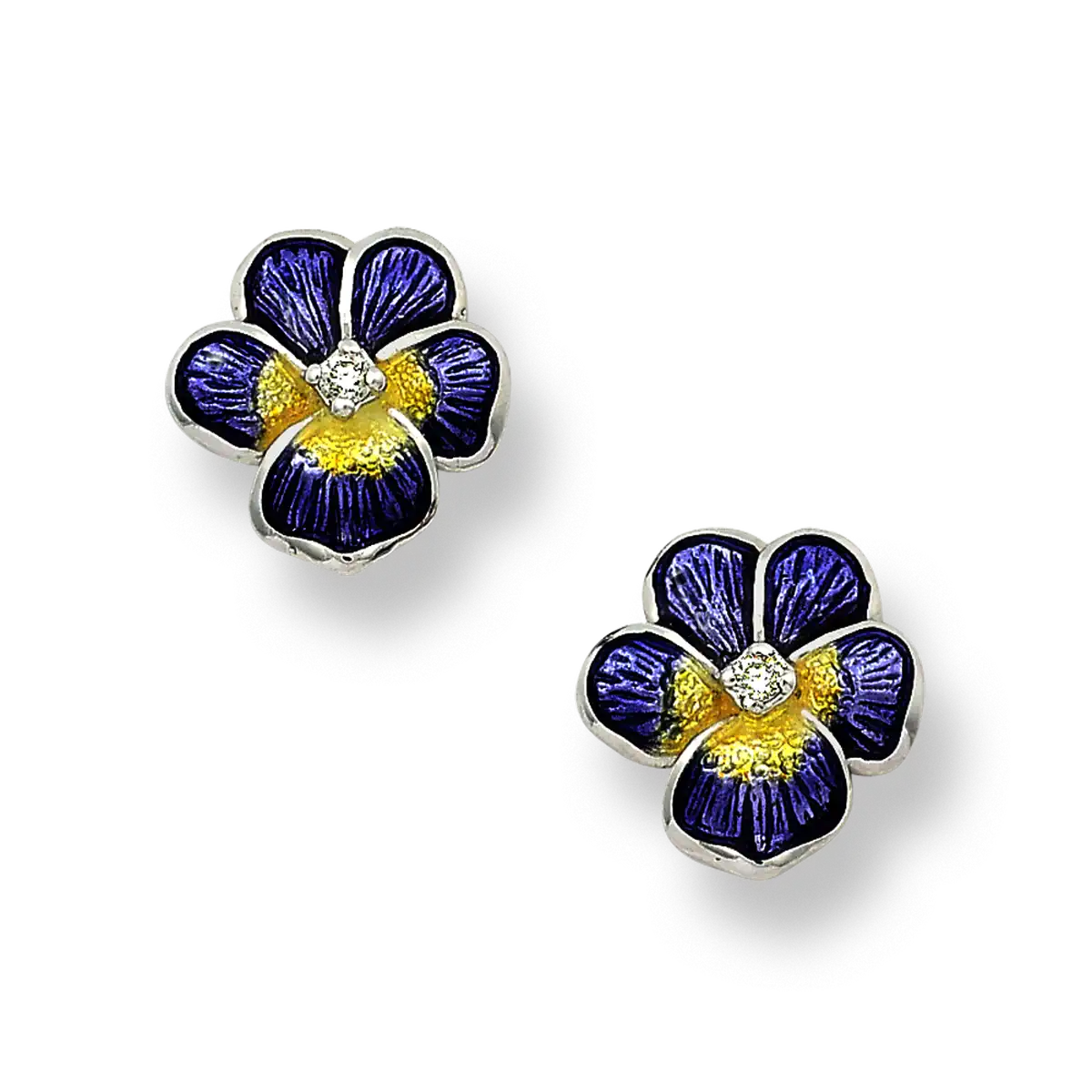 Purple Pansy Post Earrings. Sterling Silver-White Sapphires