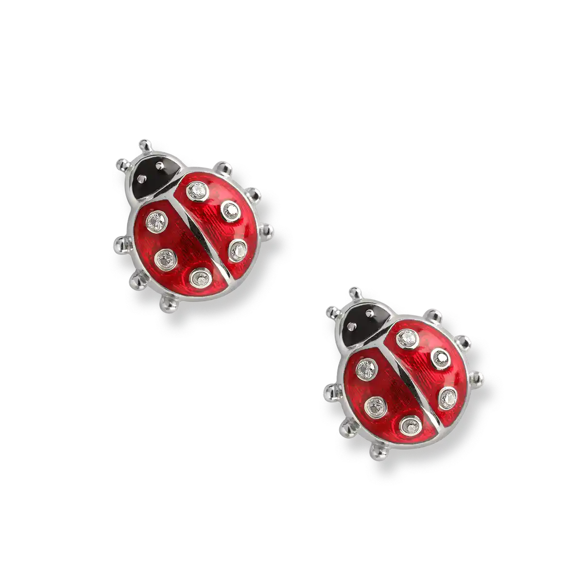 Red Ladybug Post Earrings. Sterling Silver-White Sapphires