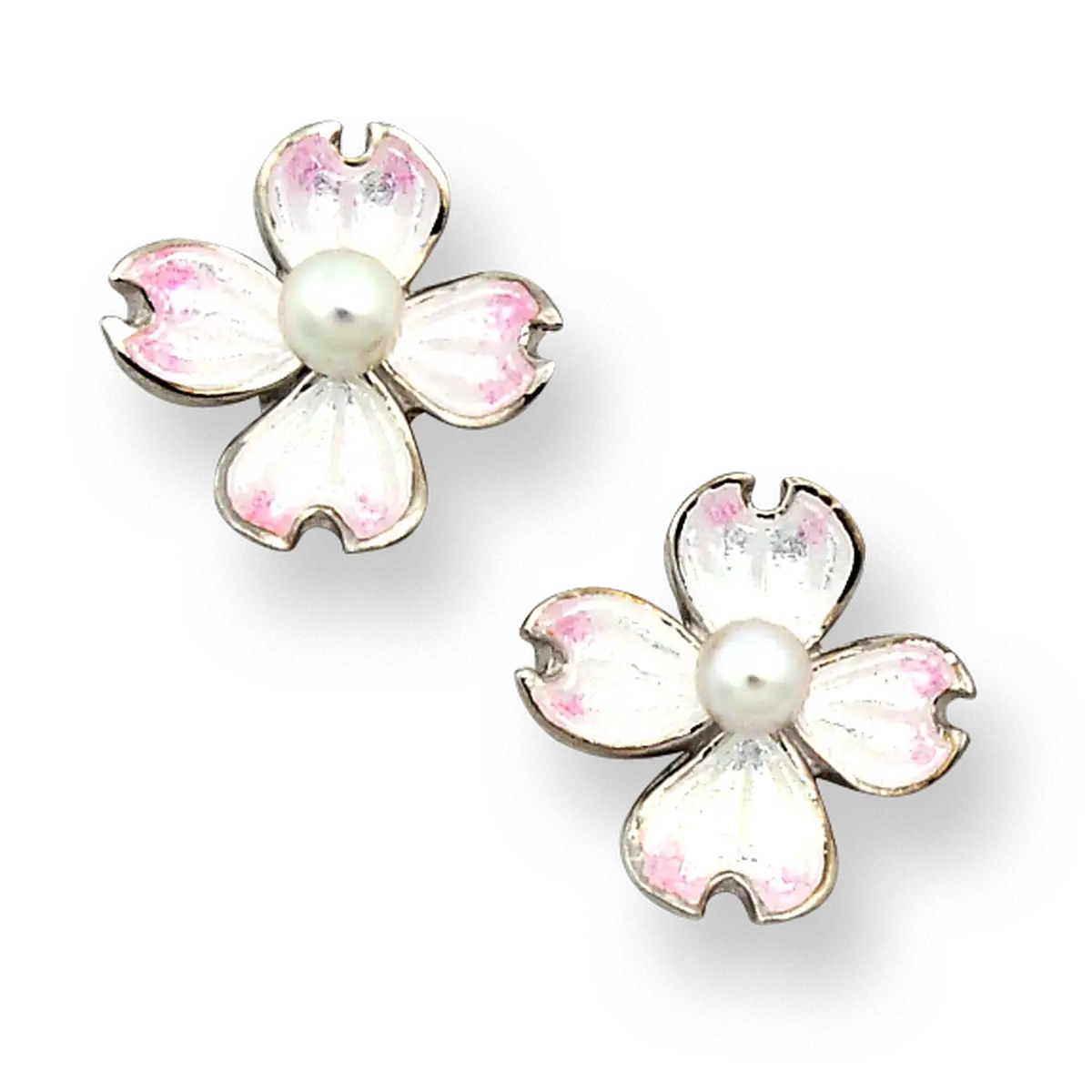 Small White Dogwood Post Earrings. Sterling Silver-Akoya Pearls