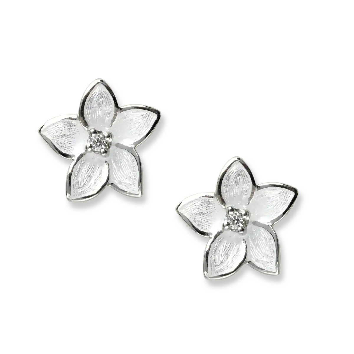 Small White Stephanotis Post Earrings. Sterling Silver-White Sapphires