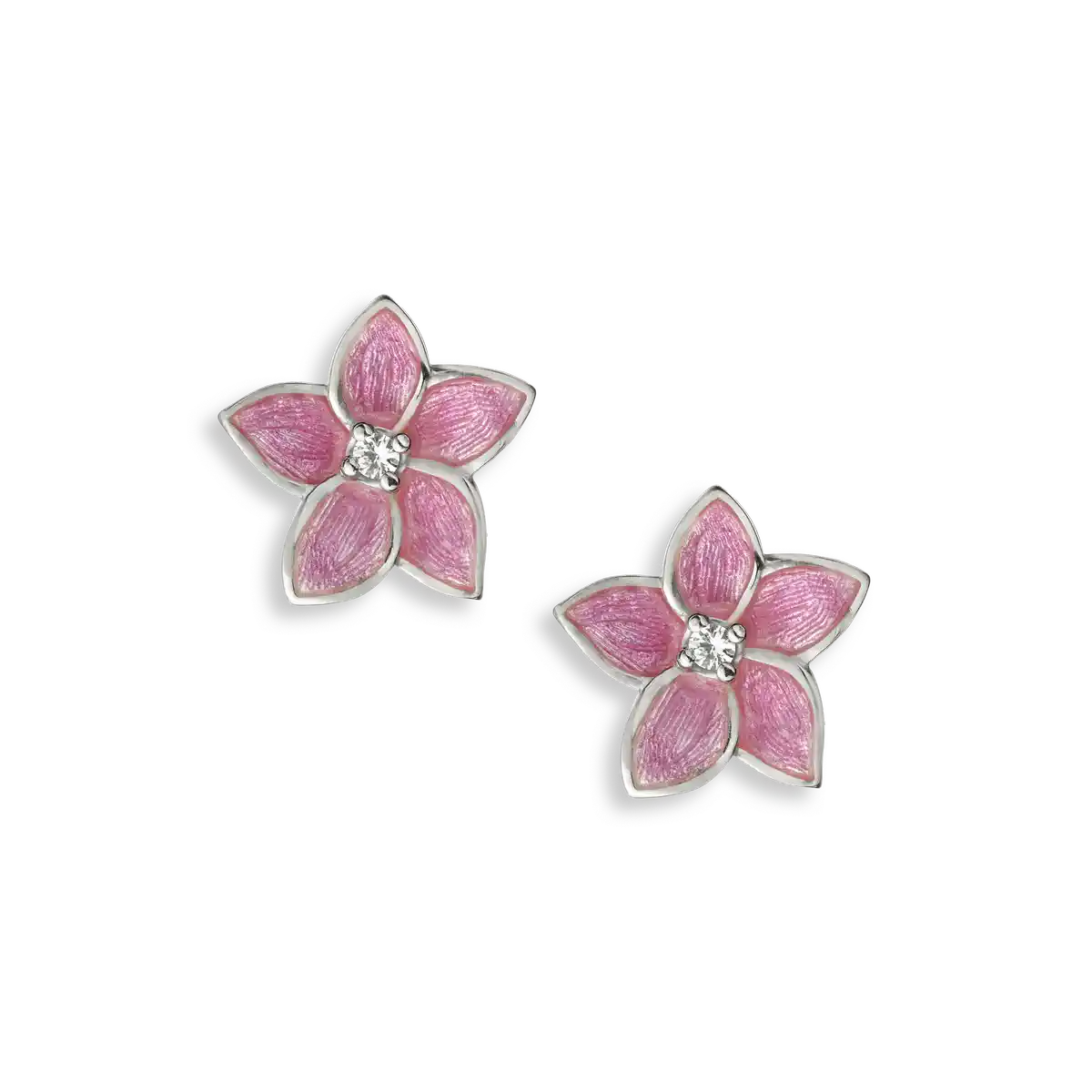 Pink Flower Post Earrings-White Sapphires. Sterling Silver