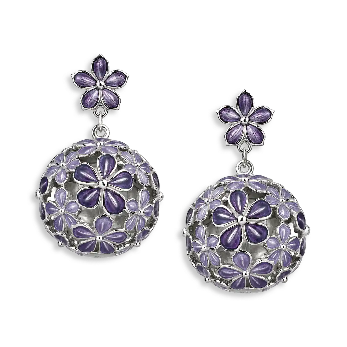 20mm Beyond Blossom -Purple Round Ball Flower Post Earrings.Sterling Silver