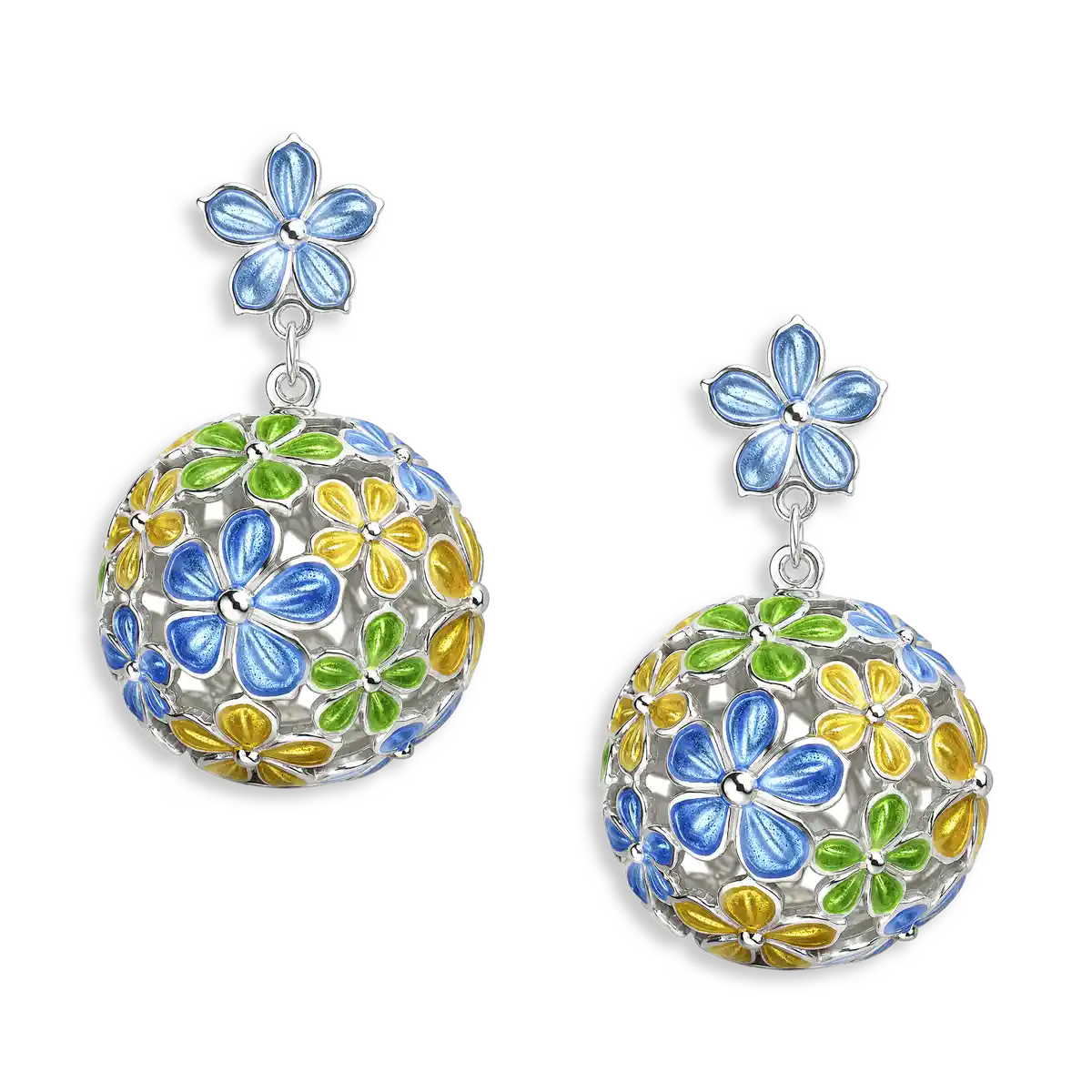 30mm Beyond Blossom -Yellow & Blue Round Ball Flower Post Earrings.Sterling Silver