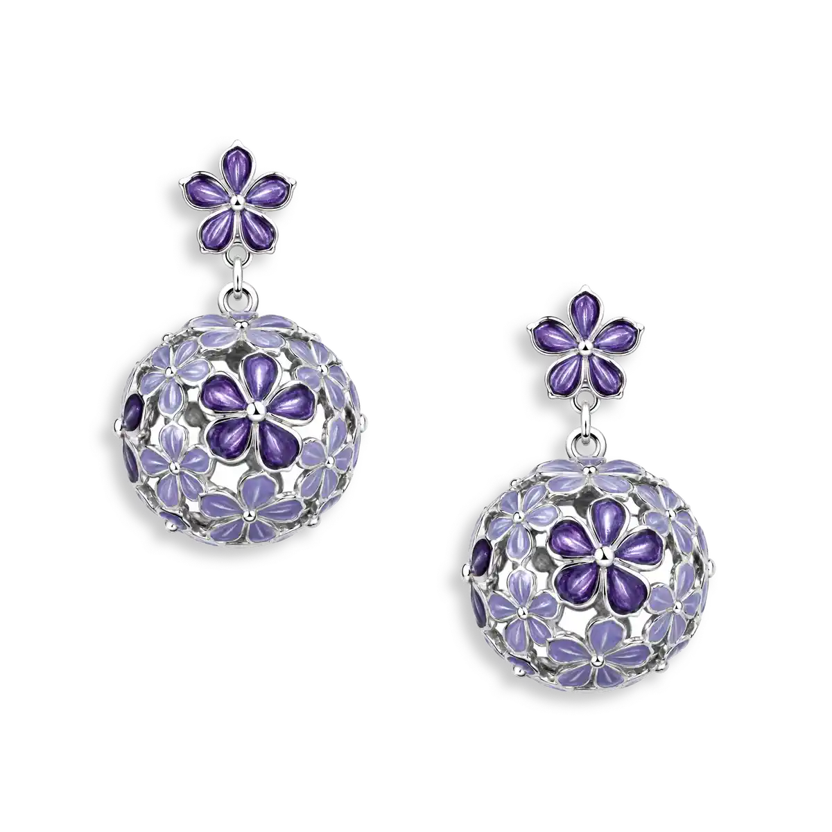 14mm Beyond Blossom -Purple Round Ball Flower Post Earrings.Sterling Silver