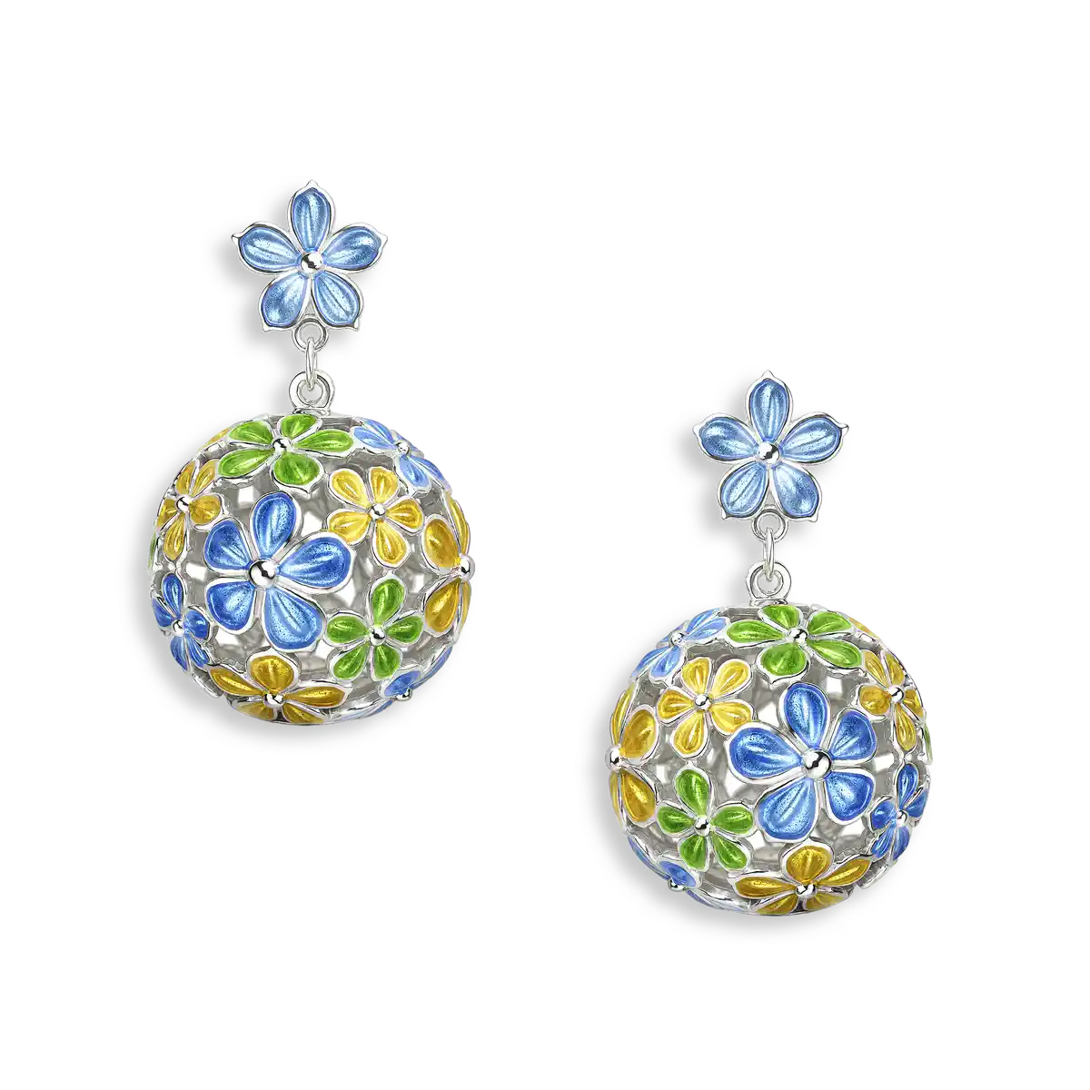 25mm Beyond Blossom -Yellow & Blue Round Ball Flower Post Earrings.Sterling Silver