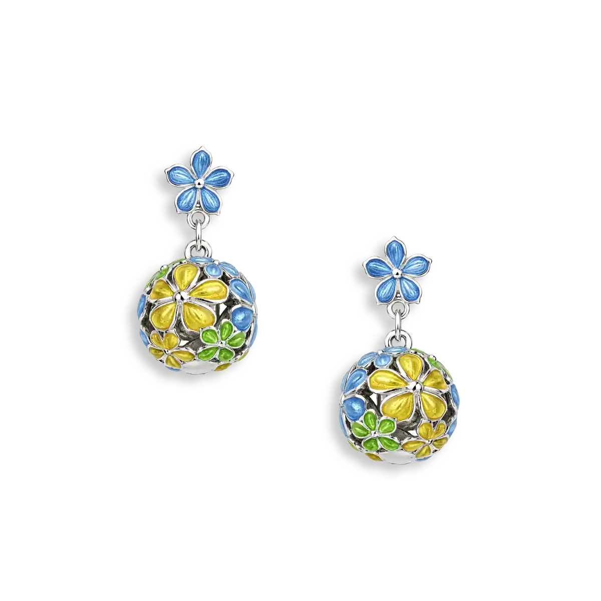 10mm Beyond Blossom -Yellow & Blue Round Ball Flower Post Earrings.Sterling Silver