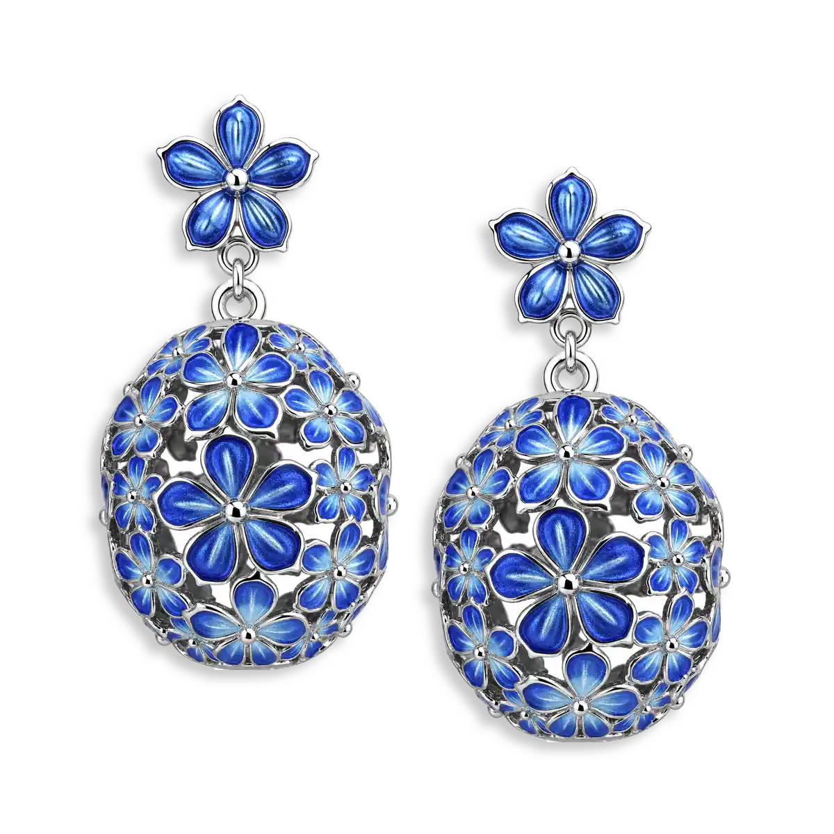 25mm Beyond Blossom -Blue Oval Ball Flower Post Earrings.Sterling Silver