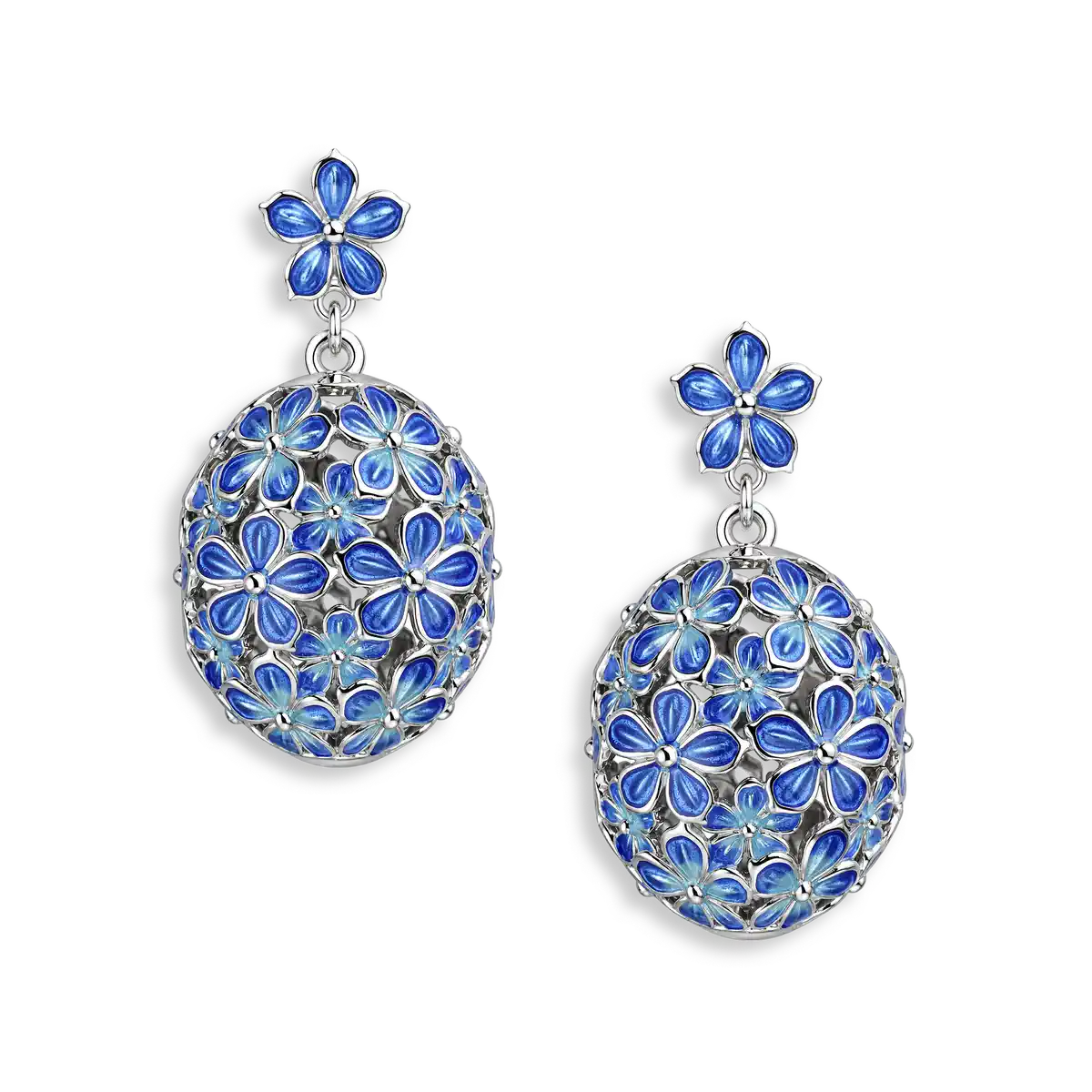20mm Beyond Blossom -Blue Oval Ball Flower Post Earrings.Sterling Silver