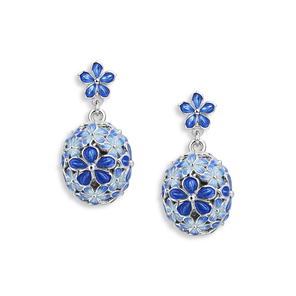14mm Beyond Blossom -Blue Oval Ball Flower Post Earrings.Sterling Silver