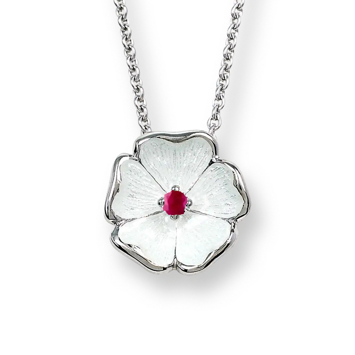 White Rose Necklace. Sterling Silver-Ruby
