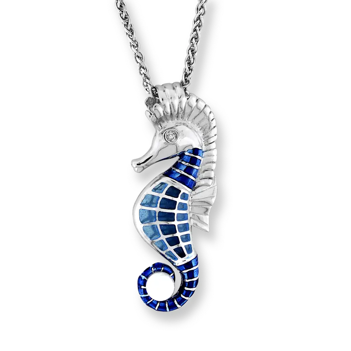 Blue  Plique-a-Jour Seahorse Necklace. Sterling Silver-White Sapphire - Freshwater Pearl  