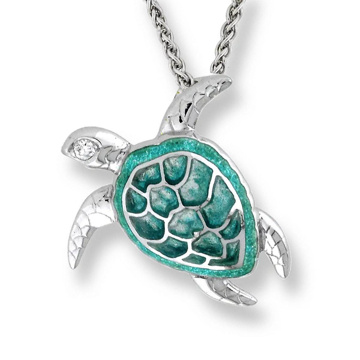 Green Plique-a-Jour Turtle Necklace. Sterling Silver-White Sapphire  