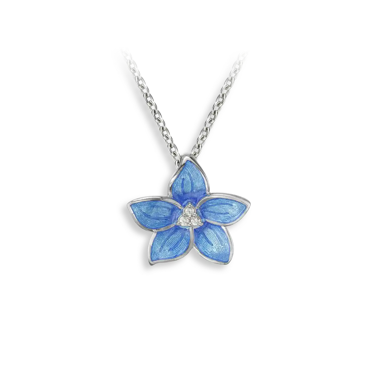 Blue Flower Necklace-White Sapphires. Sterling Silver