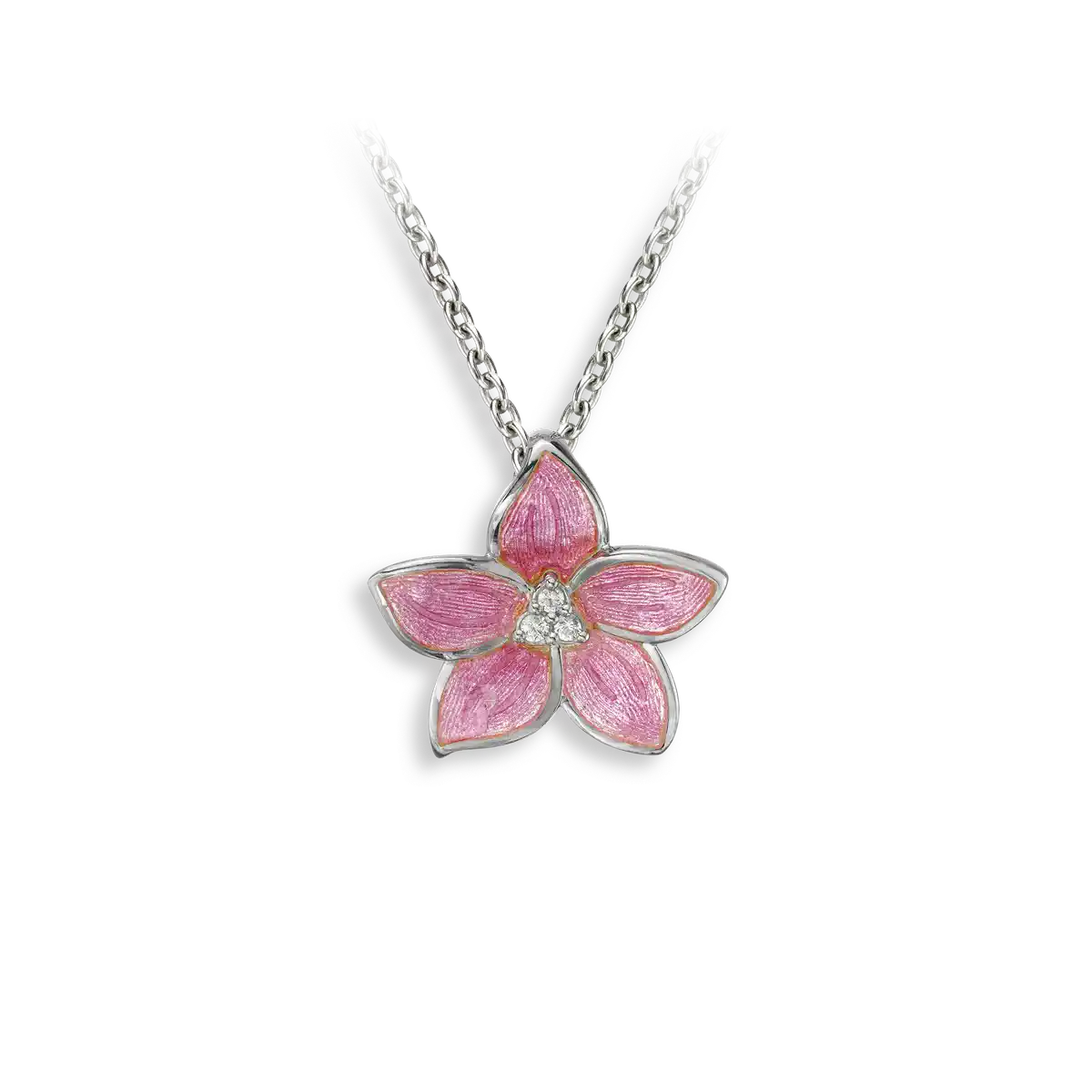 Pink Flower Necklace-White Sapphires. Sterling Silver