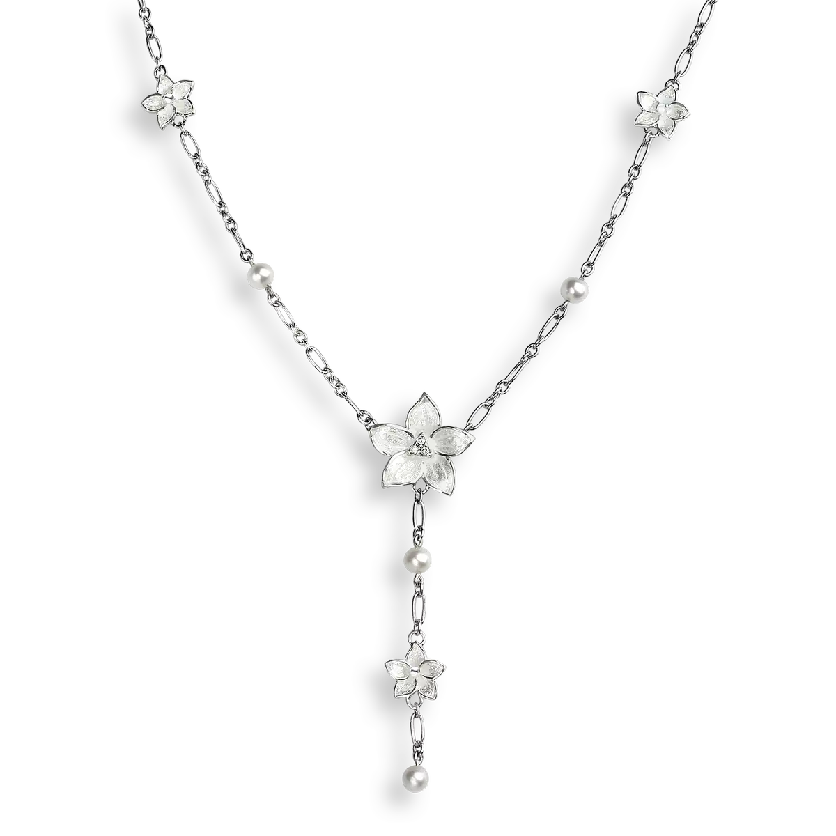 White Stephanotis Necklace. Sterling Silver-Freshwater Pearl-White Sapphire