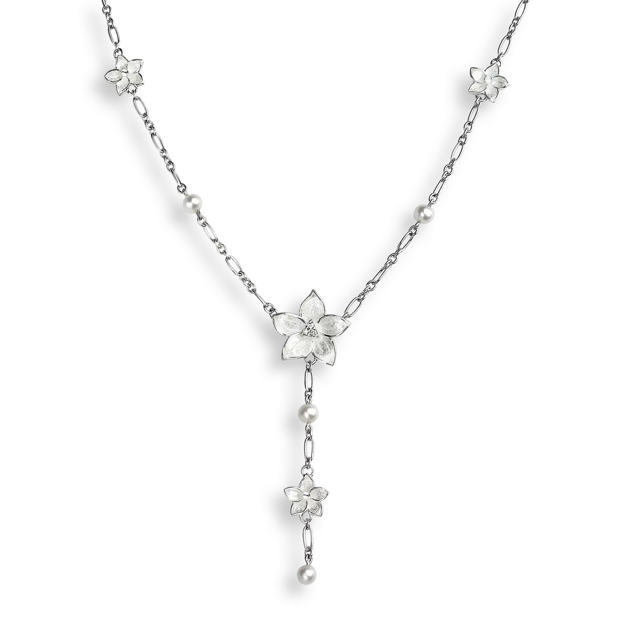 White Stephanotis Necklace-Freshwater Pearl-White Sapphire. Sterling Silver