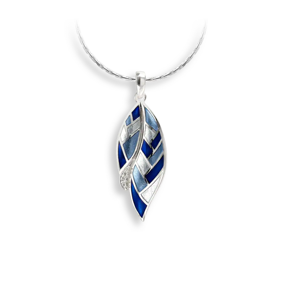 Blue Harliquin Feather Necklace. Sterling Silver-White Sapphire