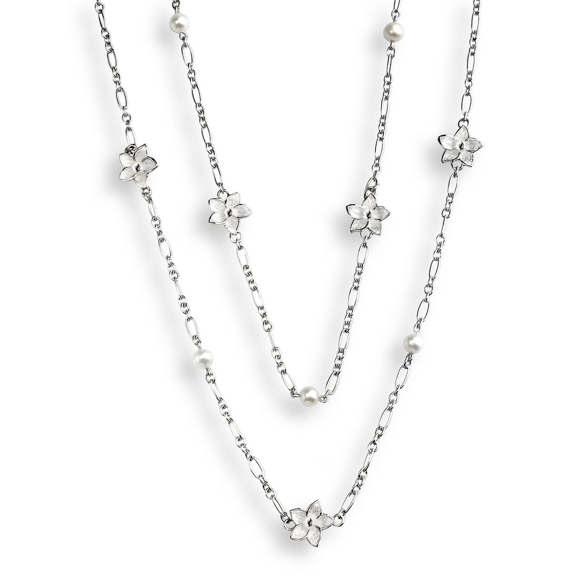 White Stephanotis Necklace-Freshwater Pearl. Sterling Silver