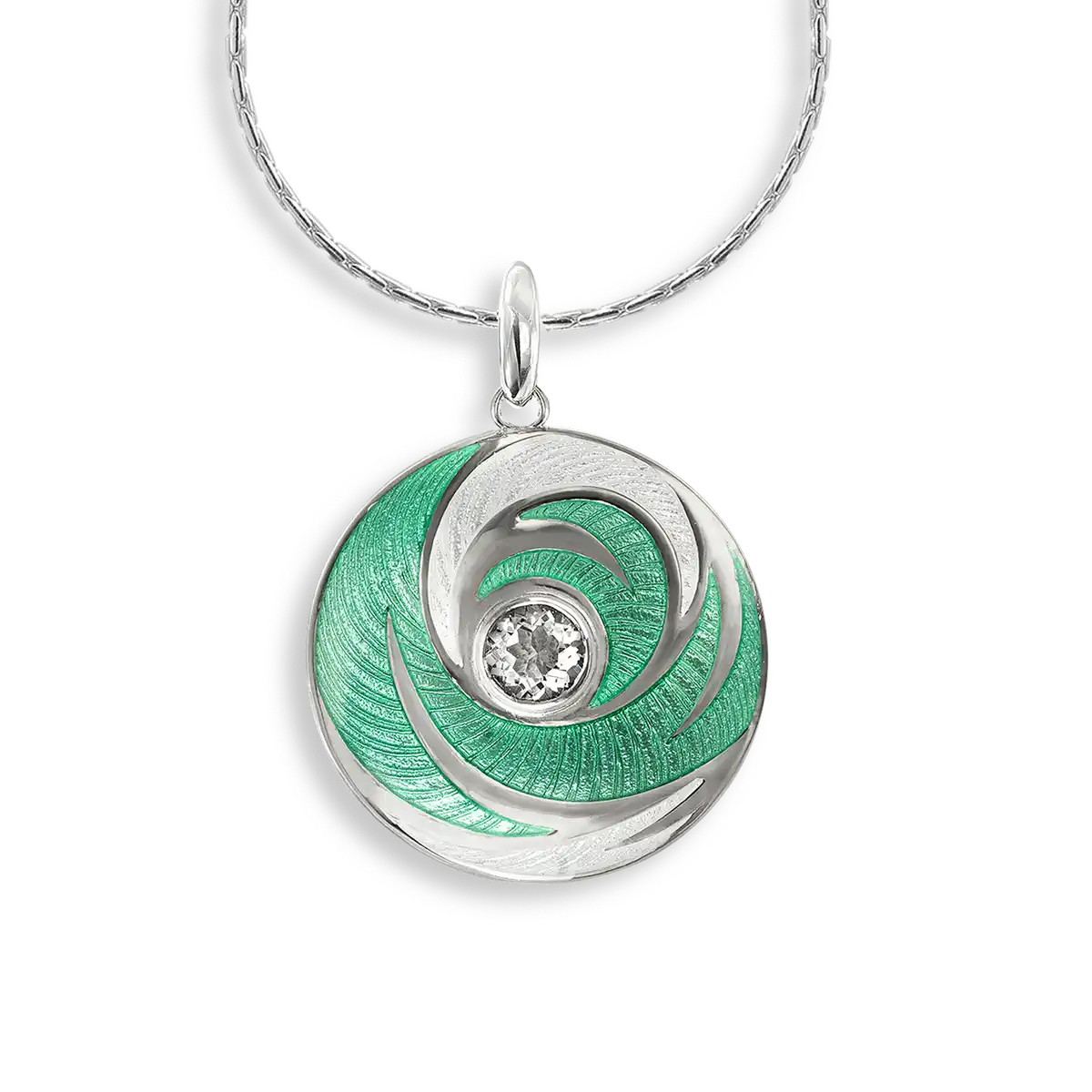 25 mm Green Round Necklace. Sterling Silver-White Quartz