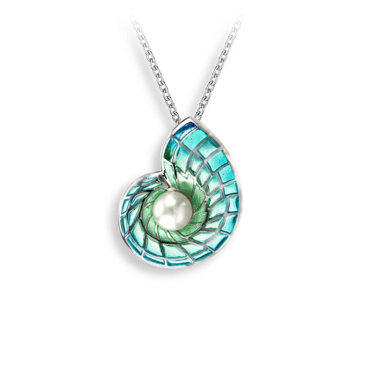 Blue Plique-a-Jour Nautilus Shell Necklace. Sterling Silver-Freshwater Pearl  