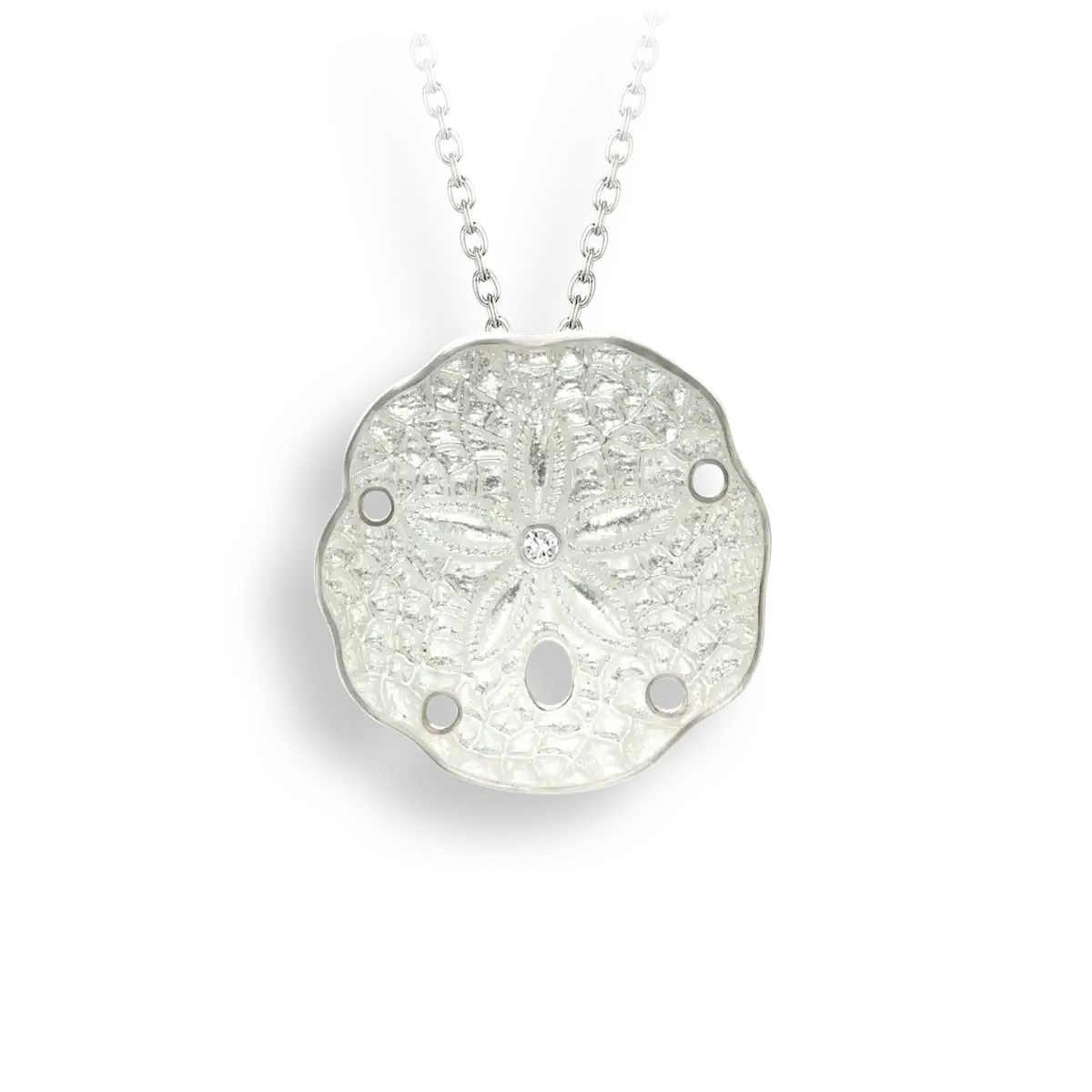 White Sand Dollar Necklace. Sterling Silver-White Sapphire