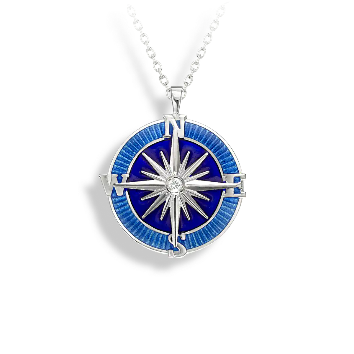 Blue Compass Rose Necklace. Sterling Silver-White Sapphire