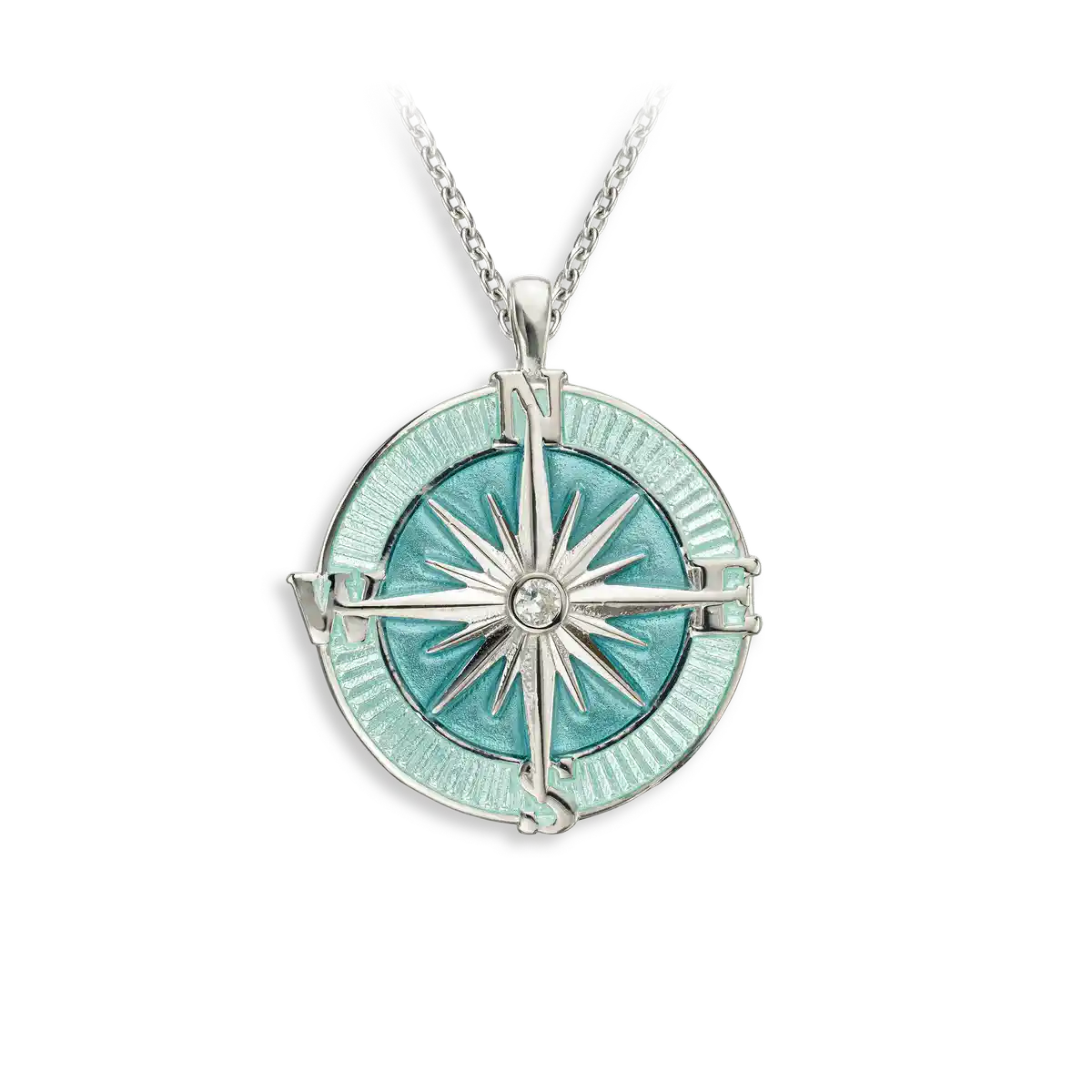 Sea Green Compass Rose Necklace. Sterling Silver-White Sapphire