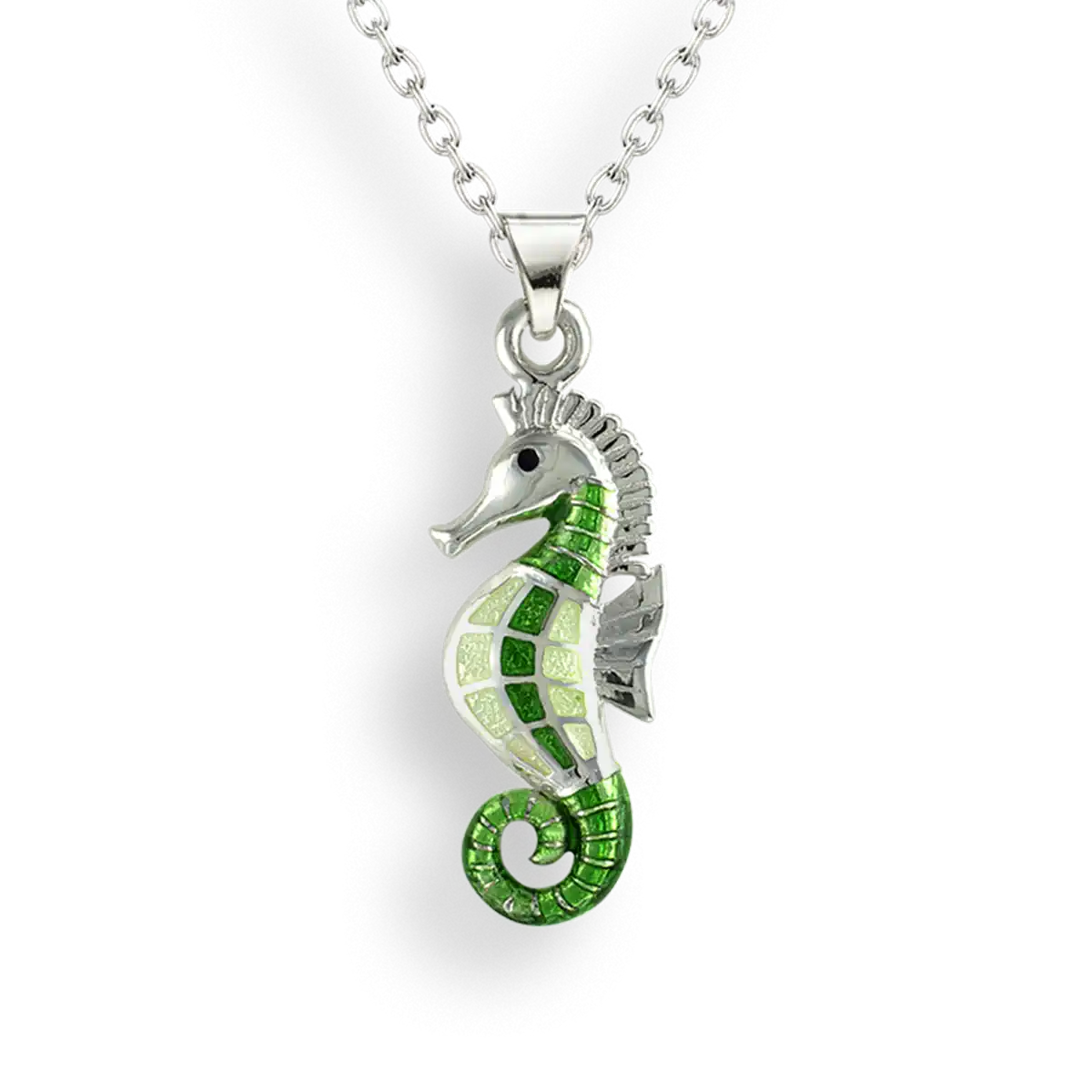 Green Seahorse Necklace. Sterling Silver