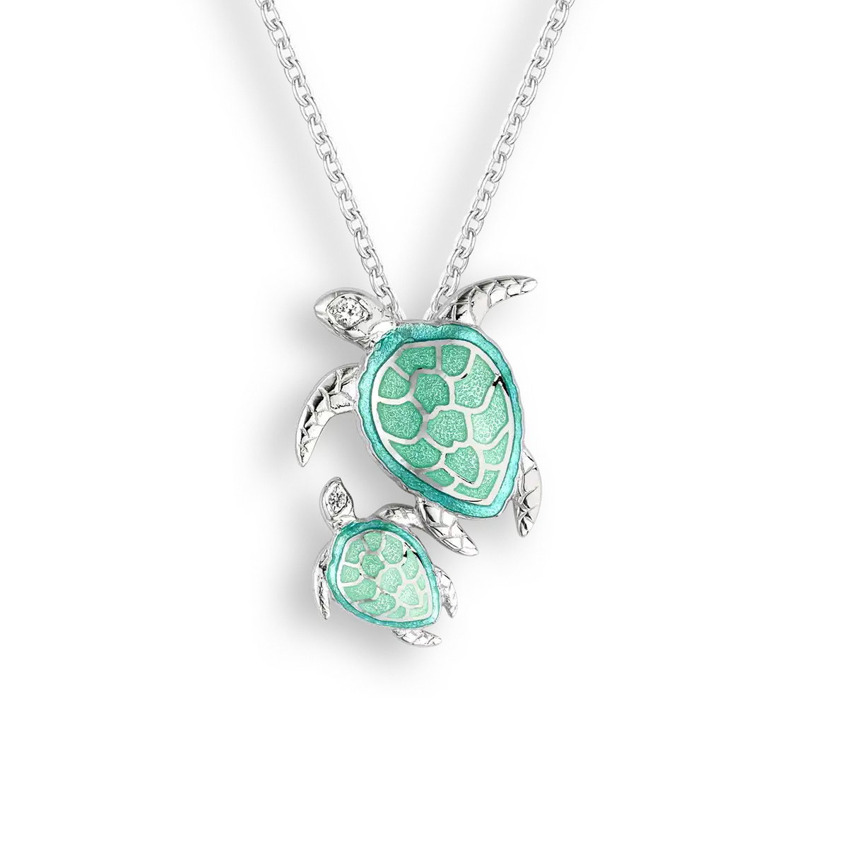 Green Turtle Necklace. Sterling Silver-White Sapphire