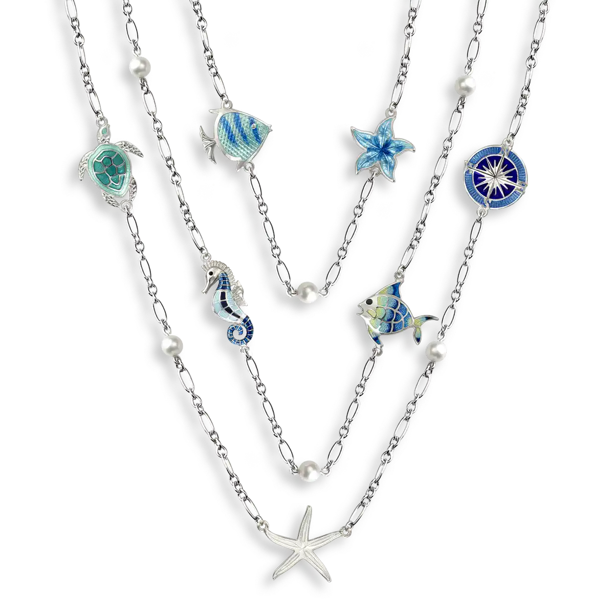 Multi-colored Nautical Station Necklace. Sterling Silver-Freshwater Pearls