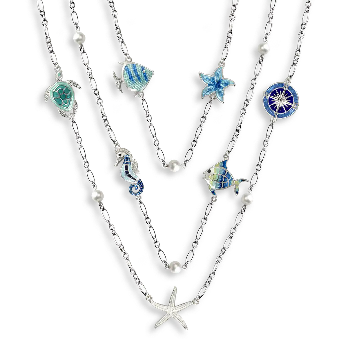 36-inch Nautical Station Necklace. Sterling Silver-Freshwater Pearls