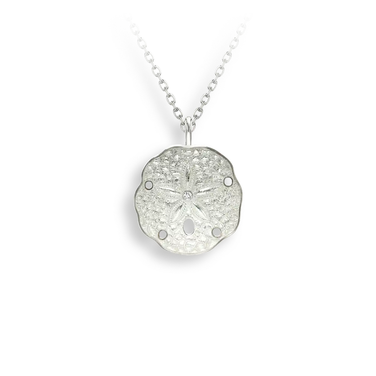 White Sand Dollar Necklace. Sterling Silver-White Sapphire