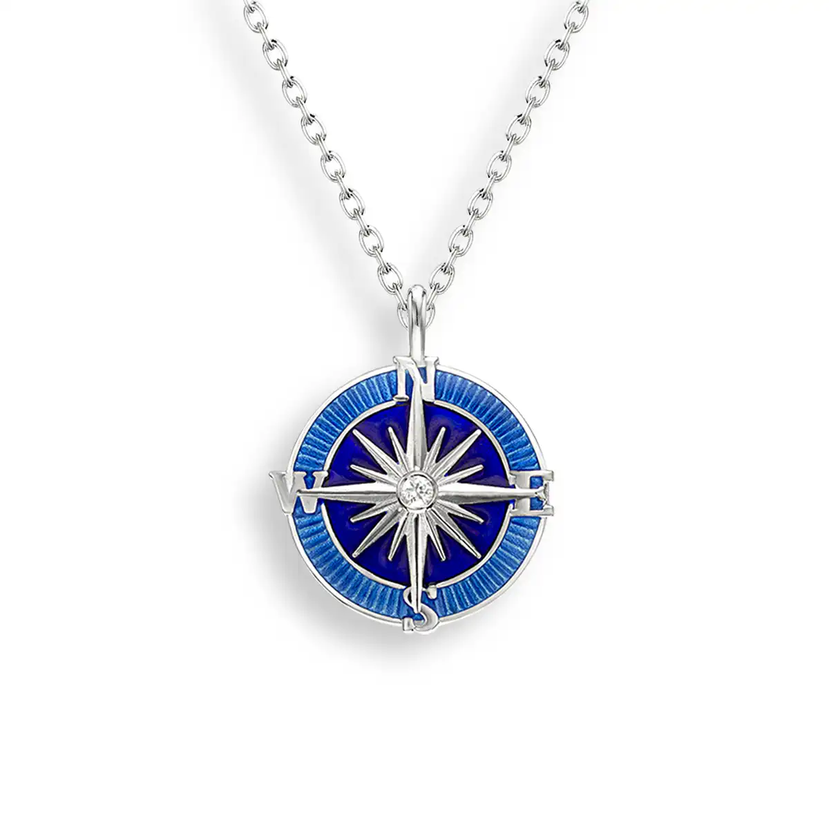 Blue Compass Rose Necklace. Sterling Silver-White Sapphires