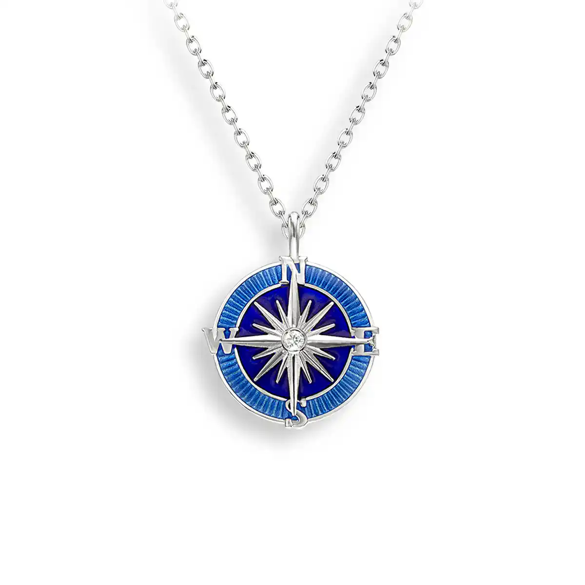 Blue Compass Rose Necklace. Sterling Silver-White Sapphires