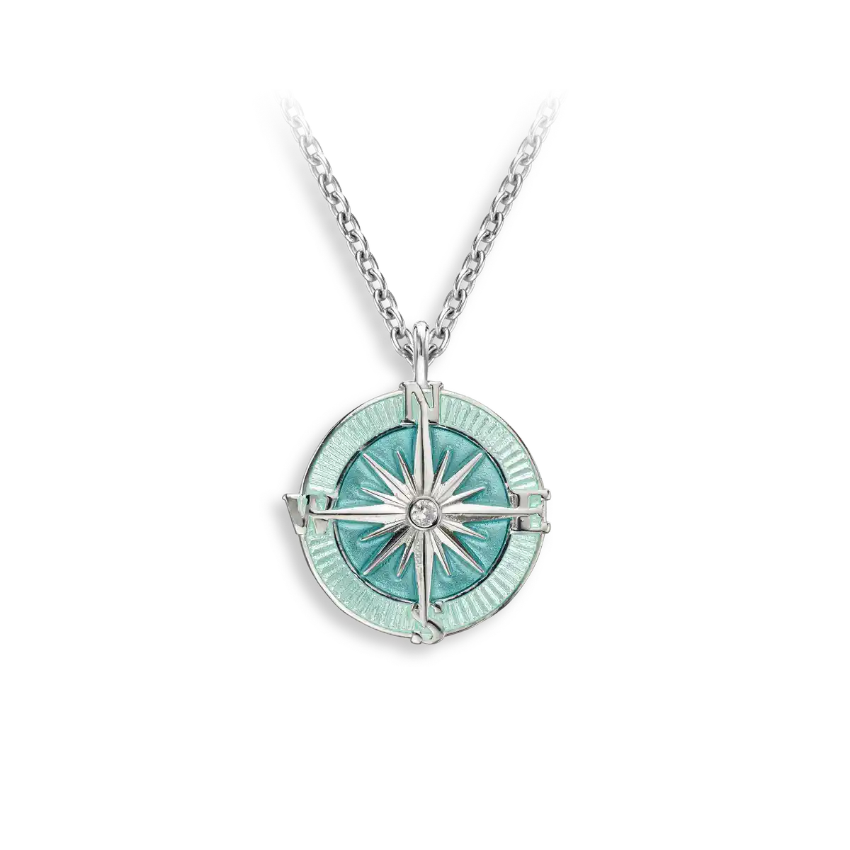 Sea Green Compass Rose Necklace. Sterling Silver-White Sapphires