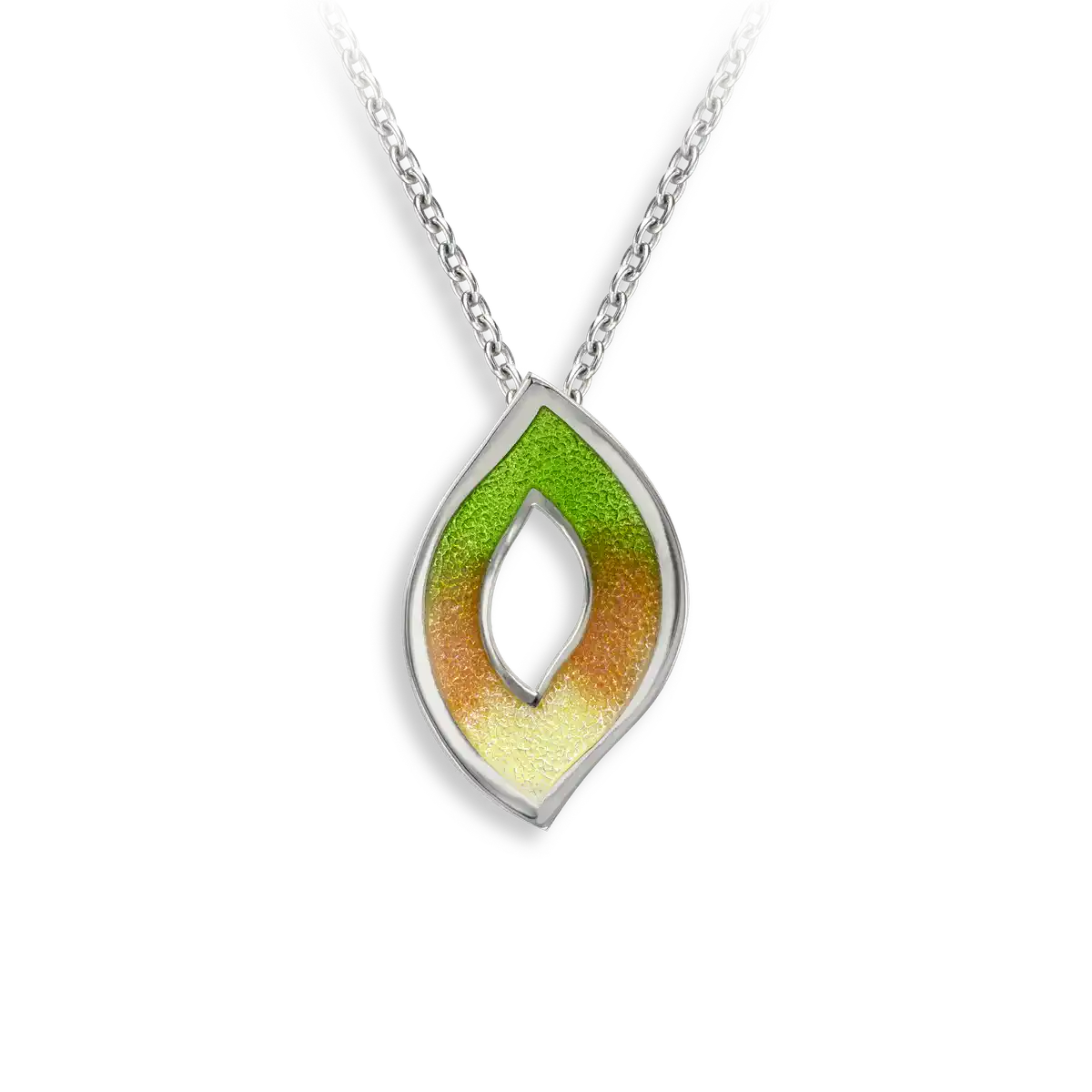Green Cut-Out Flame Necklace-Watercolors. Sterling Silver 