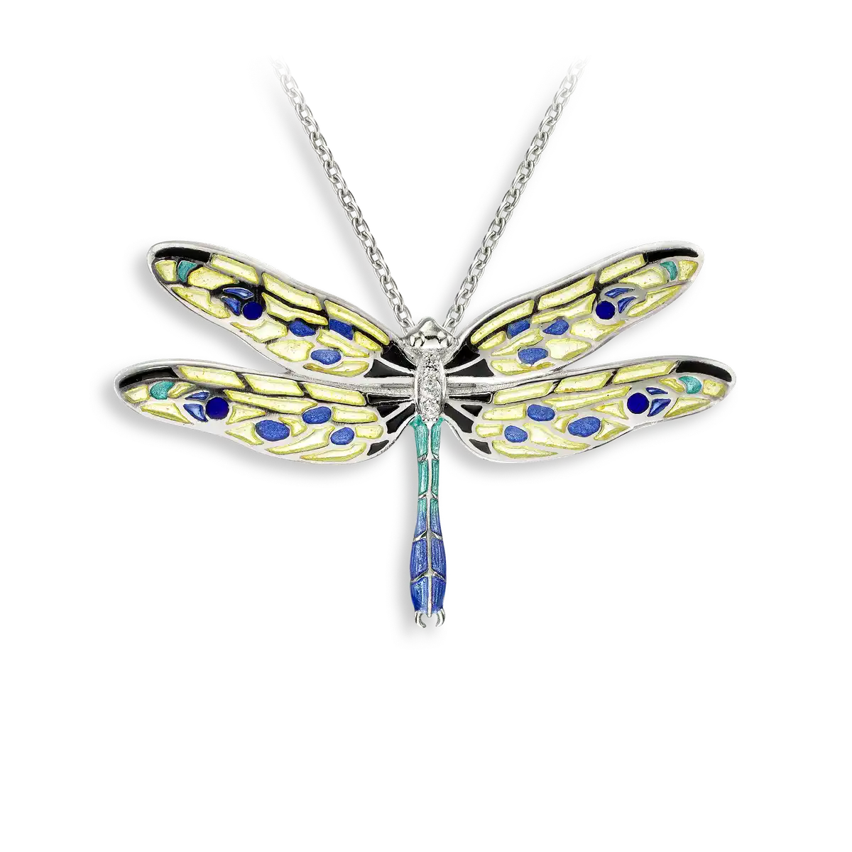 Yellow Plique-a-Jour Dragonfly Necklace. Sterling Silver-White Sapphires 