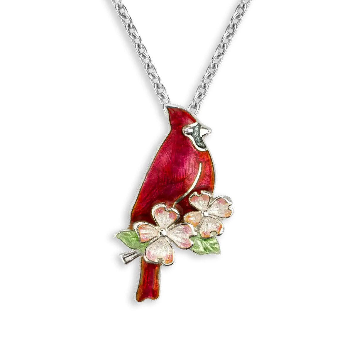 Red Cardinal and Dogwood Necklace.  Sterling Silver 