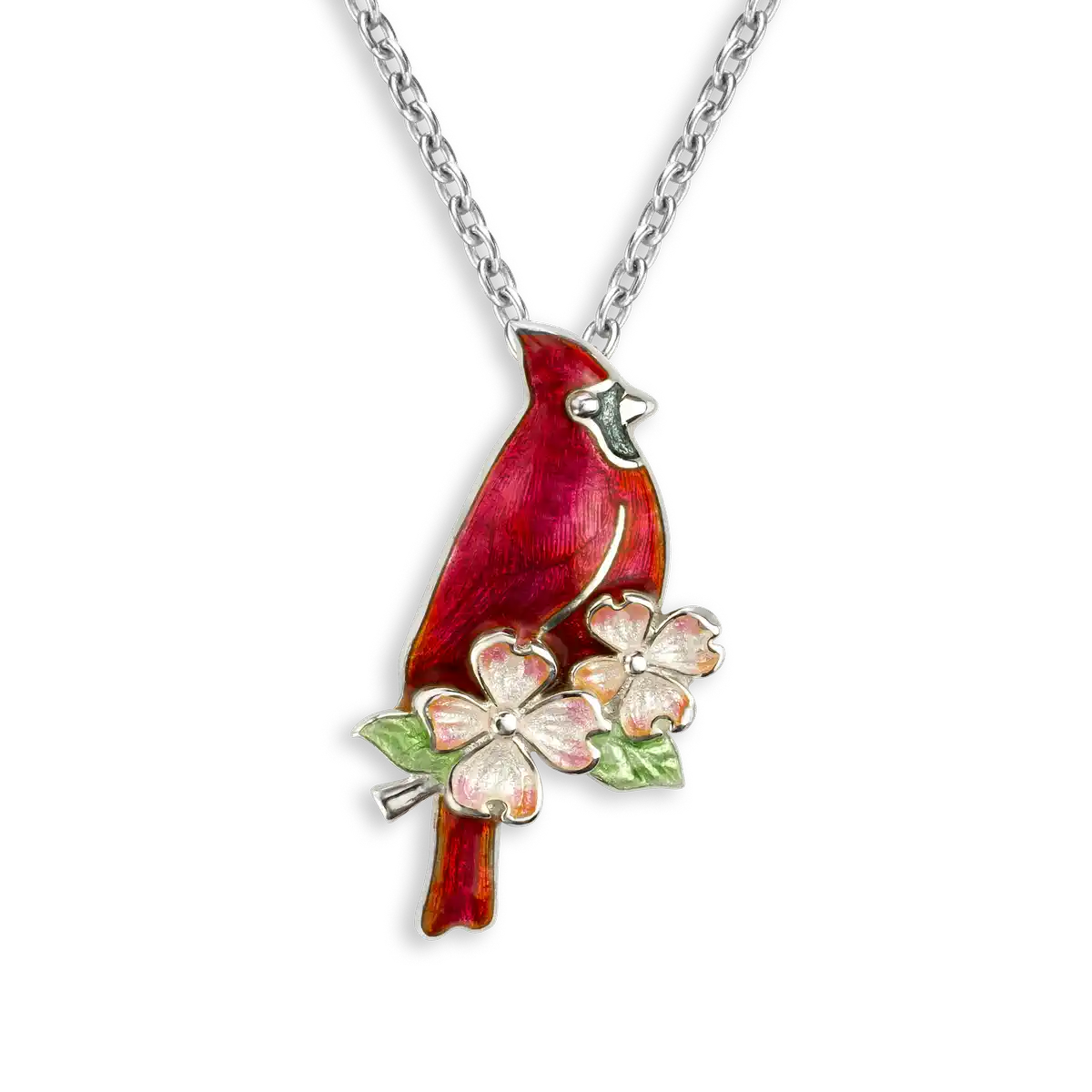 Red Cardinal Bird and Dogwood Necklace.  Sterling Silver 