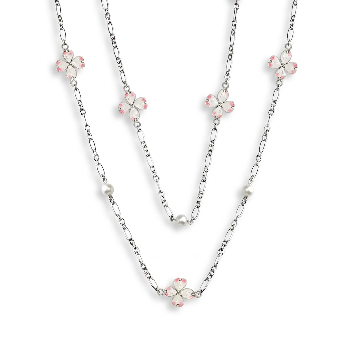 White Dogwood  Station  Necklace. Sterling Silver -Freshwater Pearls